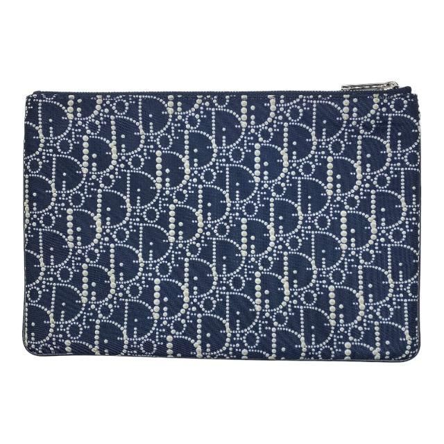 Christian DIOR Clutch Bag Second Bag Small Bag Pouch Logo Oblique Nylon Navy