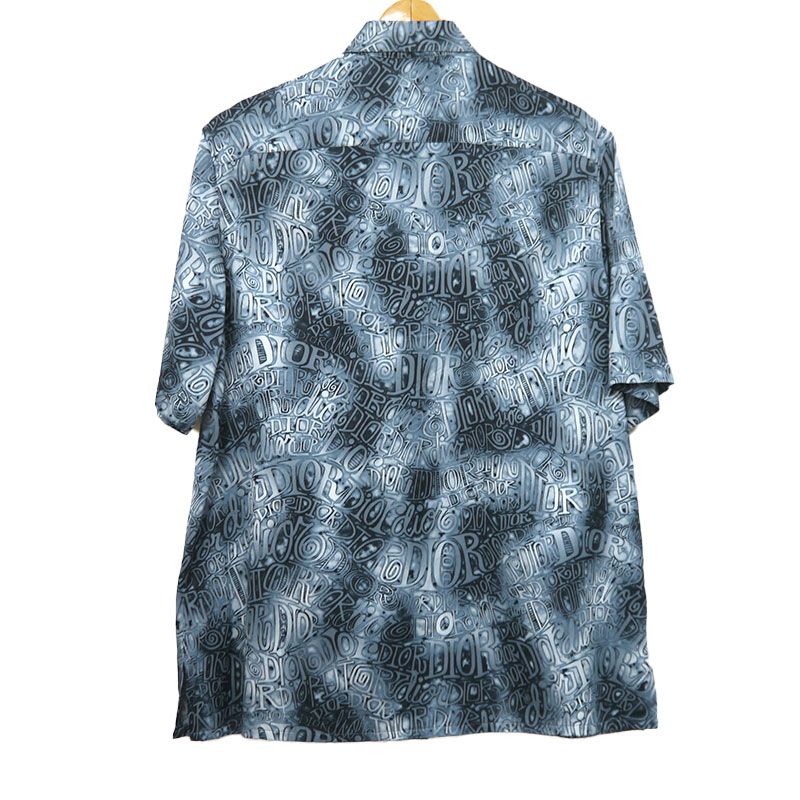 Dior X Stussy Logo All Over Short Sleeve Shirt Size 38 Navy