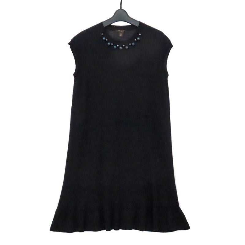 Louis Vuitton No Sleeve Knit Dress Wool L Black Bijoux Decoration Knee