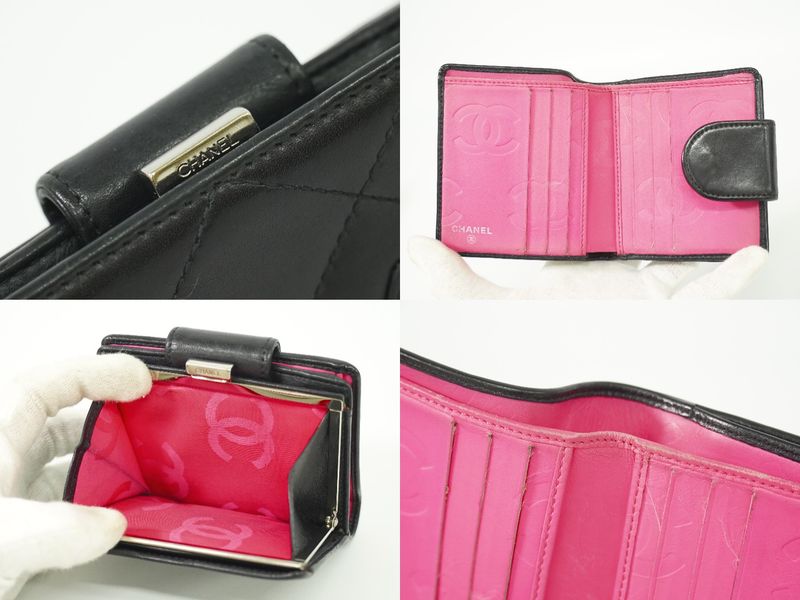 Authentic Chanel Coco Mark Cambon Line Fold Wallet Compact Wallet Leather Black