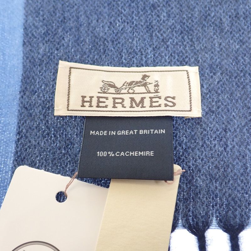 Hermes H Summer Block Scarf Cashmere Blue Men's Autumn Winter [A Rank