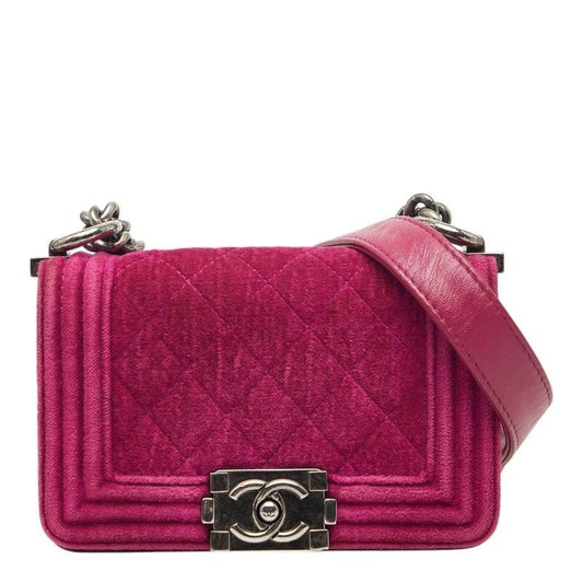 Chanel CC Logo Mini Boy Chain Shoulder Bag Pink Velour Leather