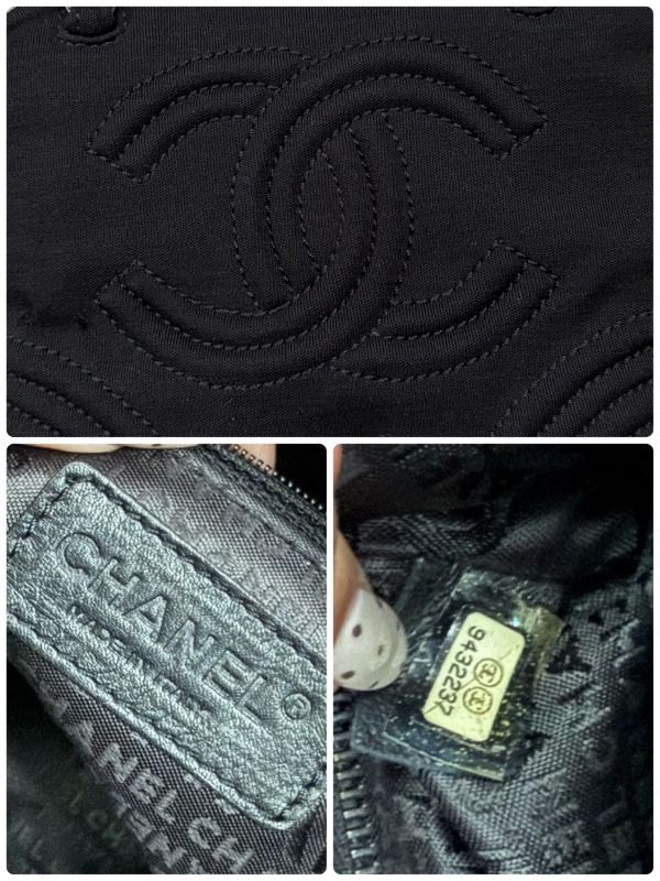 Chanel Chain Shoulder Bag Coco Mark Cotton Jersey Black Silver Hardware Deca