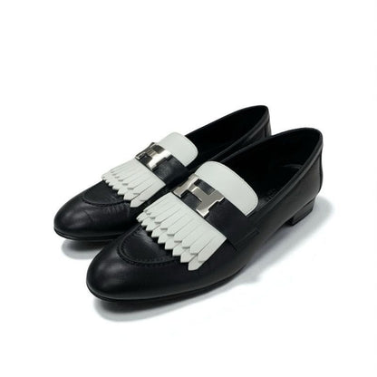 Hermes Royale Loafers Leather Shoes Black White Hhardware Fringe