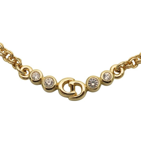Christian Dior Necklace CD Logo Metal Rhinestone Gold Plated GP Accessories