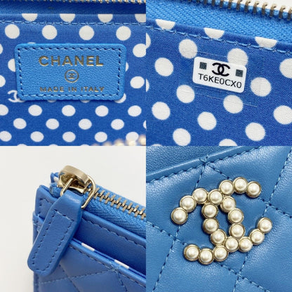 Chanel Matelasse Fake Pearl Card Case Ap3836 Blue Coco Mark Lambskin Coin Case