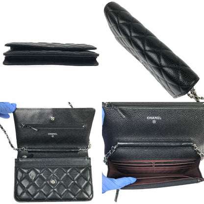 Chanel Matelasse Caviar Skin Chain Wallet Silver Hardware A33814 Black