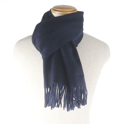 Hermes 100% Cashmere Logo Embroidery Embroidered Fringe Scarf Shawl Navy With