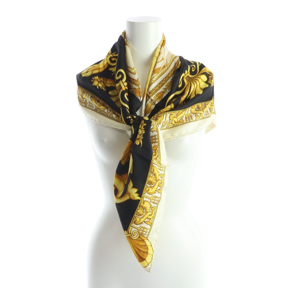 Versace Atelier Vintage Large Scarf Silk Logo All Over Pattern Dragon Yellow