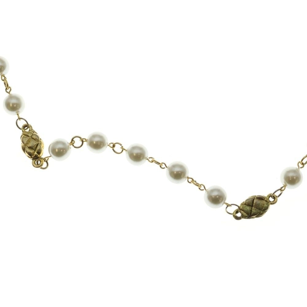 Chanel Quilted Faux Pearl Long Necklace Pendant White Gold