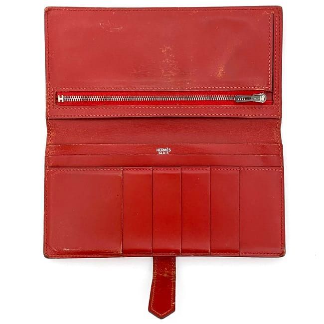 Hermes Bifold Long Wallet Bearn Ec21287 Red Wallet Leather