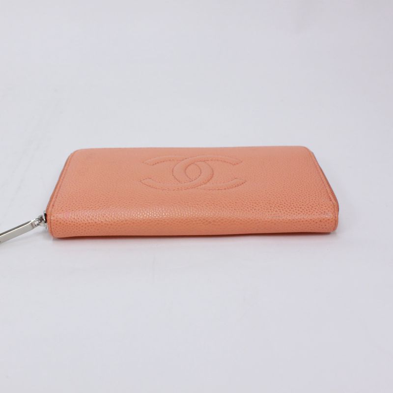 Chanel Coco Mark Round Zip Wallet Caviar Skin Orange Wallet Silver