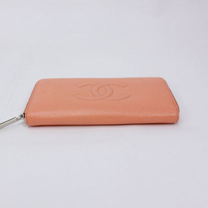 Chanel Coco Mark Round Zip Wallet Caviar Skin Orange Wallet Silver