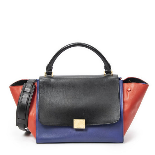 Celine Small Tricolor Trapeze Blue Red Black Calfskin Leather Shoulder Bag
