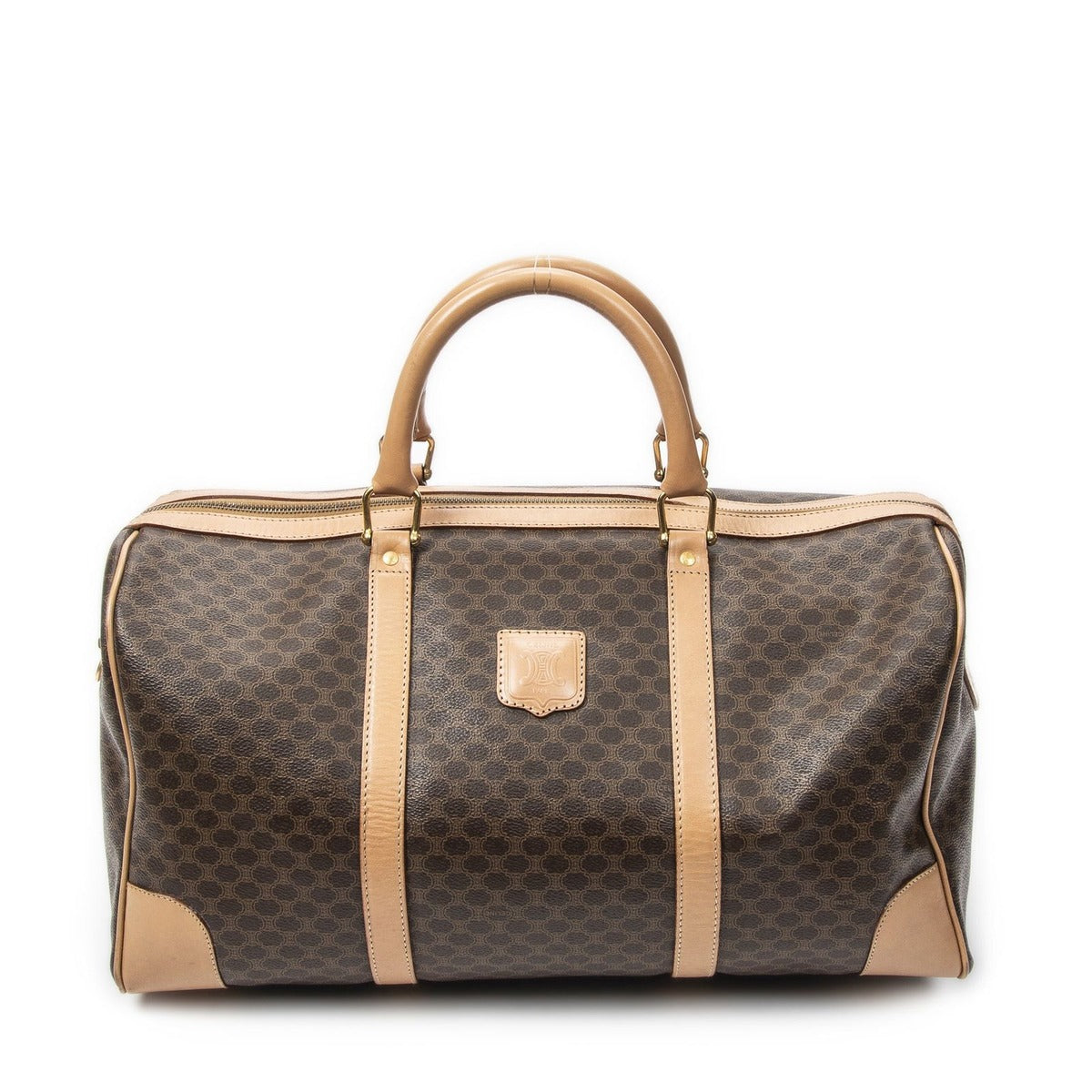 Celine Vintage Travel Boston Brown Tan Macadam Canvas Shoulder Bag