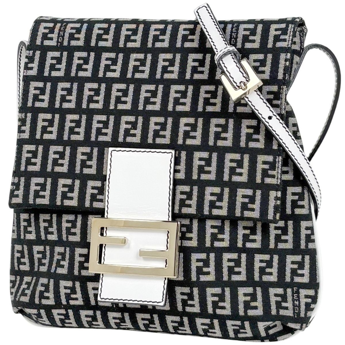 Fendi Zucchino Pattern Shoulder Bag Canvas Black White