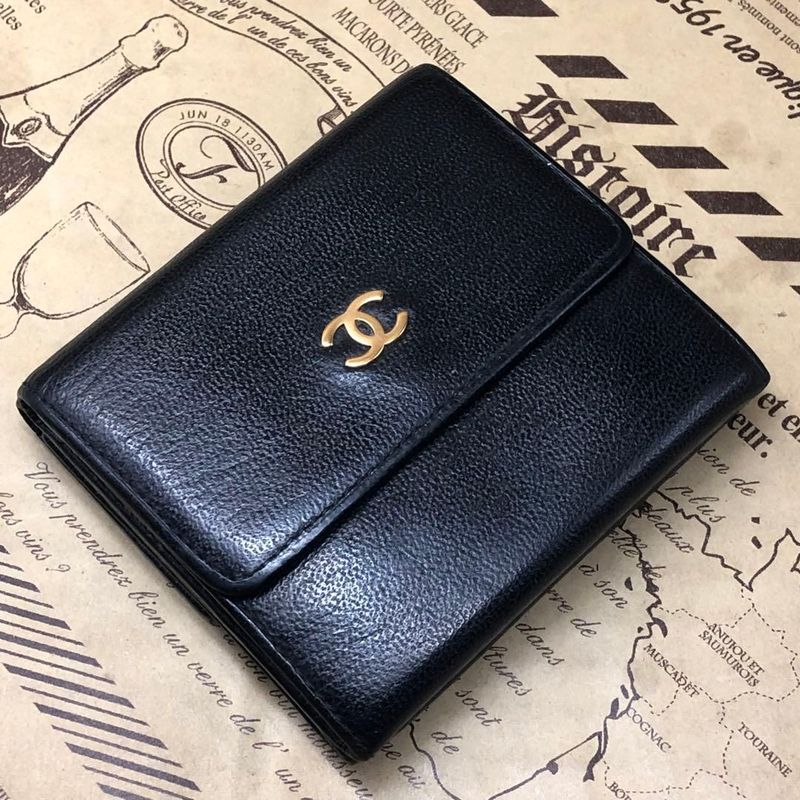 Chanel Trifold Wallet CC Logo Caviar Leather Black