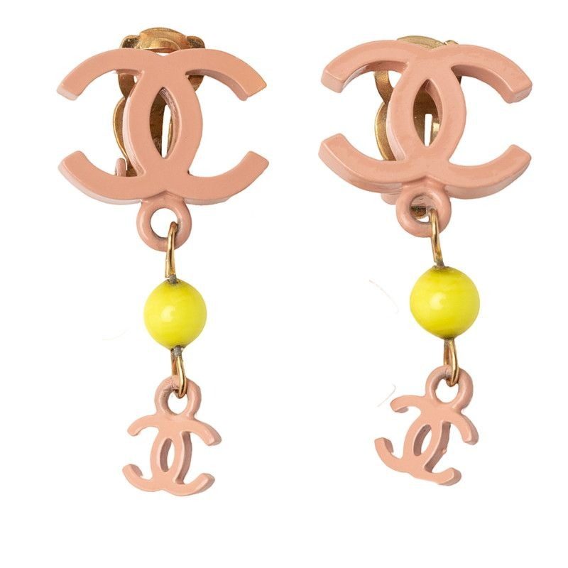 Chanel CC Logo Earrings Gold Pink Plated