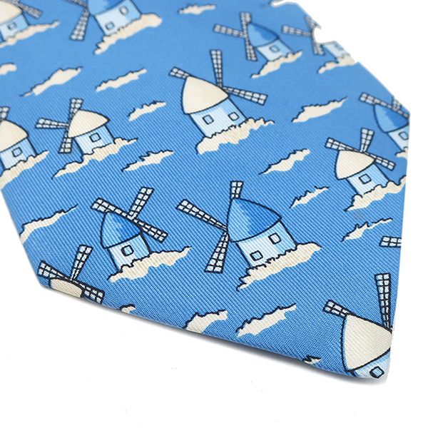 Hermes Necktie with Windmill Pattern 8.5cm (3.35in) Silk Blue and White Blue