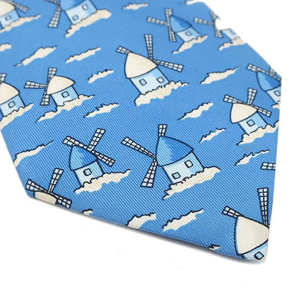 Hermes Necktie with Windmill Pattern 8.5cm (3.35in) Silk Blue and White Blue