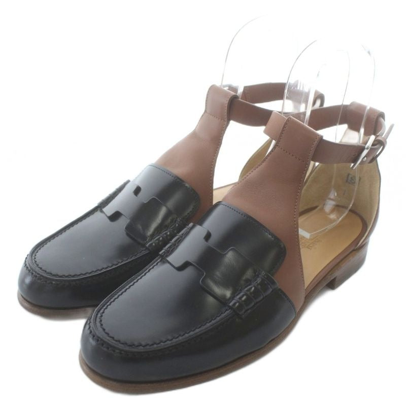 Hermes Sandals Loafers Leather Ankle Strap 38 Black Brown XZ GY19
