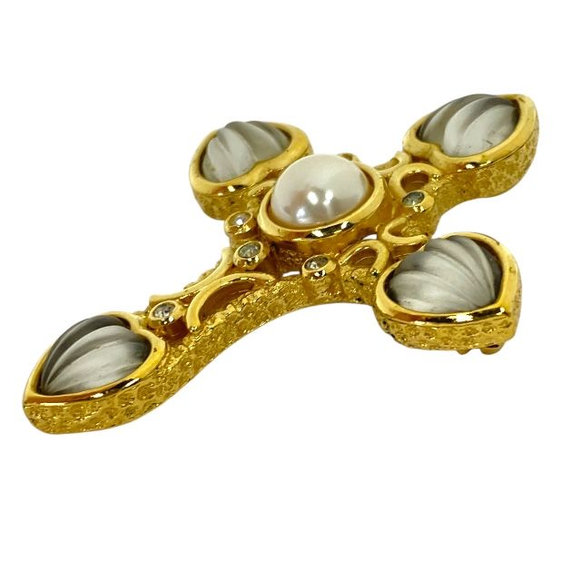 Dior Necklace Brooch 2way Necklace Top Pendant Top Faux Pearl Gold Logo