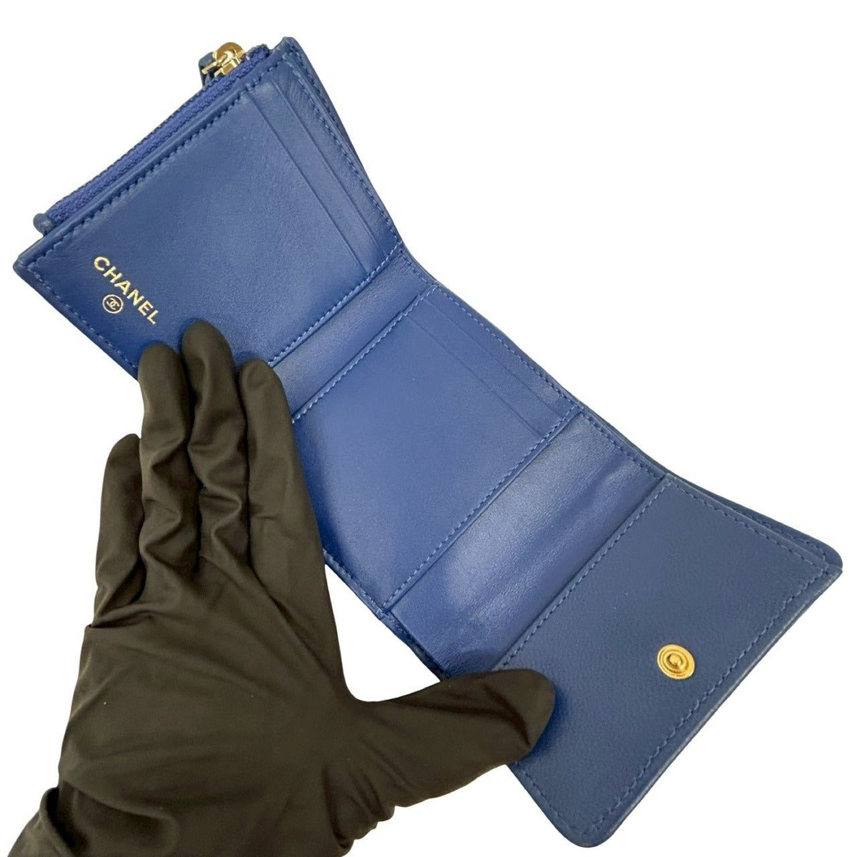 Chanel Quilted CC Logo Lambskin Bifold Wallet Mini Blue — view 7
