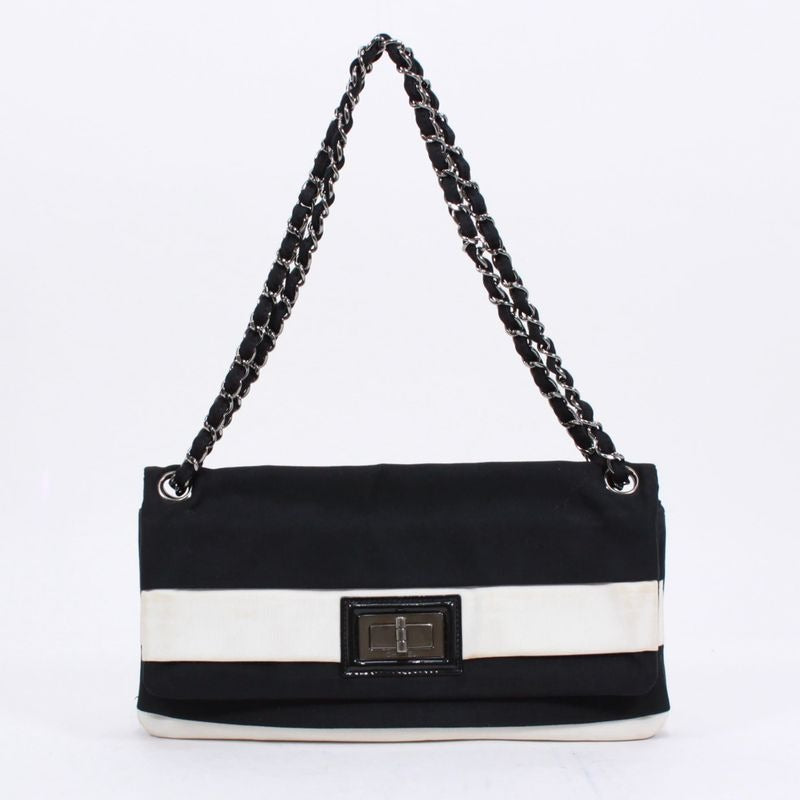 Chanel Chain Shoulder Bag Nylon Black and White Silver
