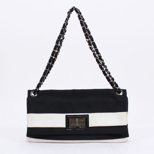 Chanel Chain Shoulder Bag Nylon Black and White Silver