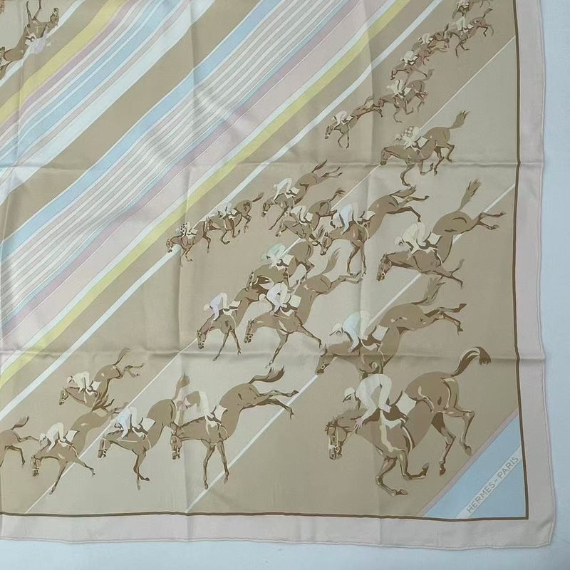 Hermes Carre 90 LEA Courses Horse Racing Silk Scarf Beige
