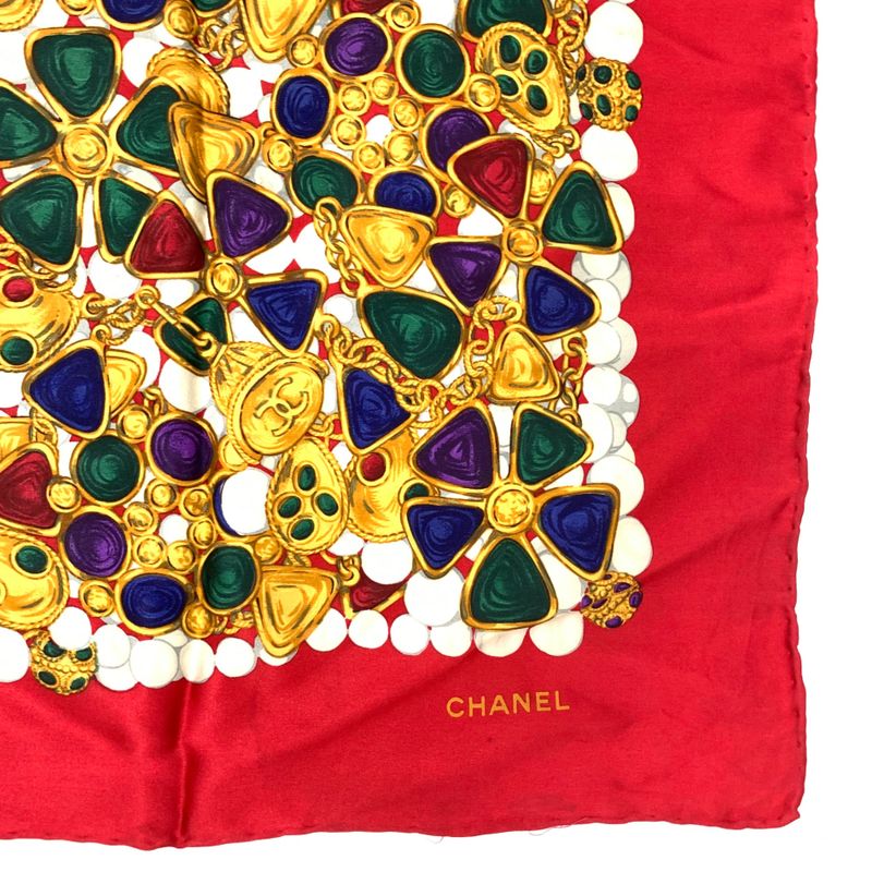 Chanel Silk Scarf Large Size Coco Mark Gripoa Jewelry Pattern Red And Multicolor