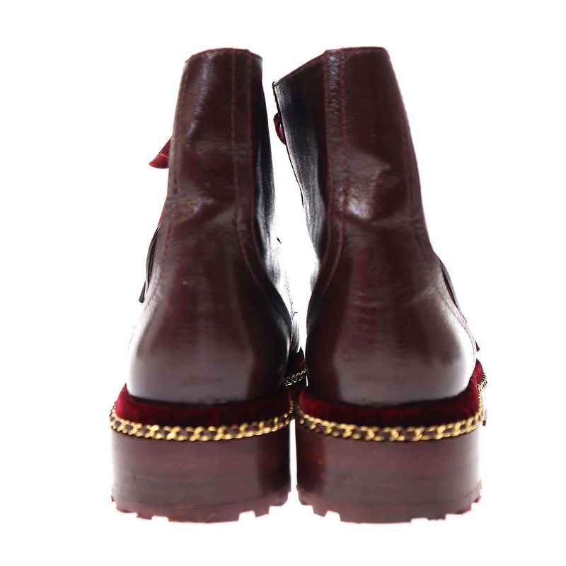 Chanel Pearl Chain Lace-Up Leather Boots G33188 Burgundy 37