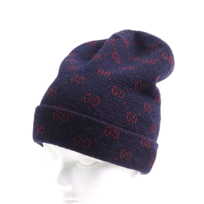 Gucci 534812 4g295 Alpaca 85% GG Beanie Knit Cap Navy Red M 58 Made In Italy