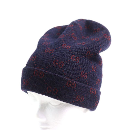 Gucci 534812 4g295 Alpaca 85% GG Beanie Knit Cap Navy Red M 58 Made In Italy