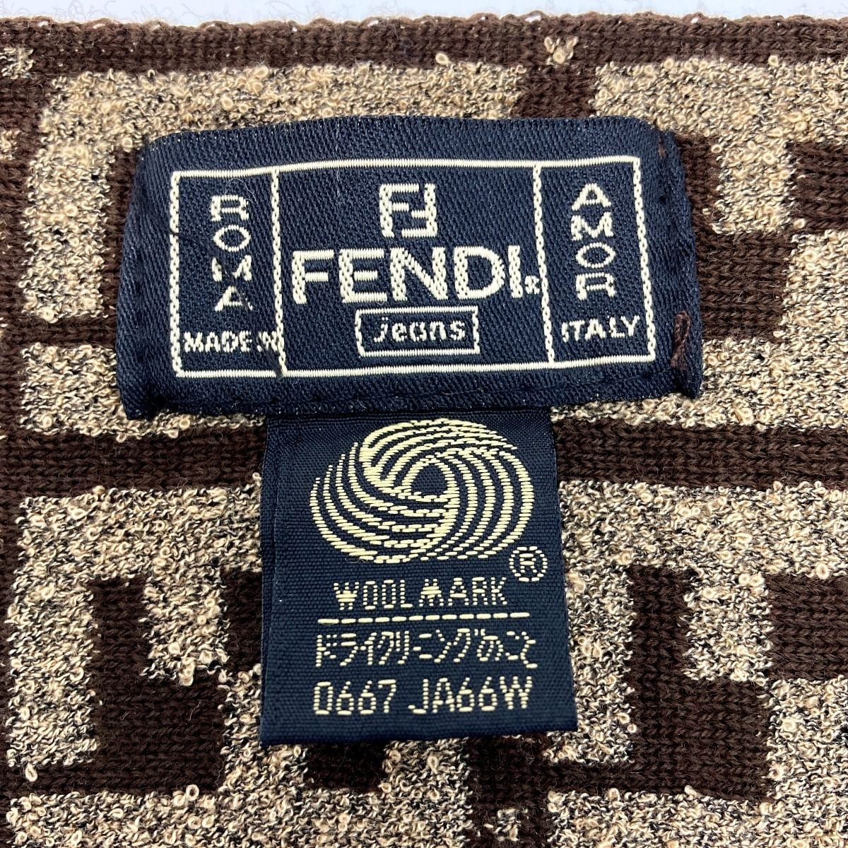Fendi Zucca Pattern Fringe Muffler Brown Wool Stole