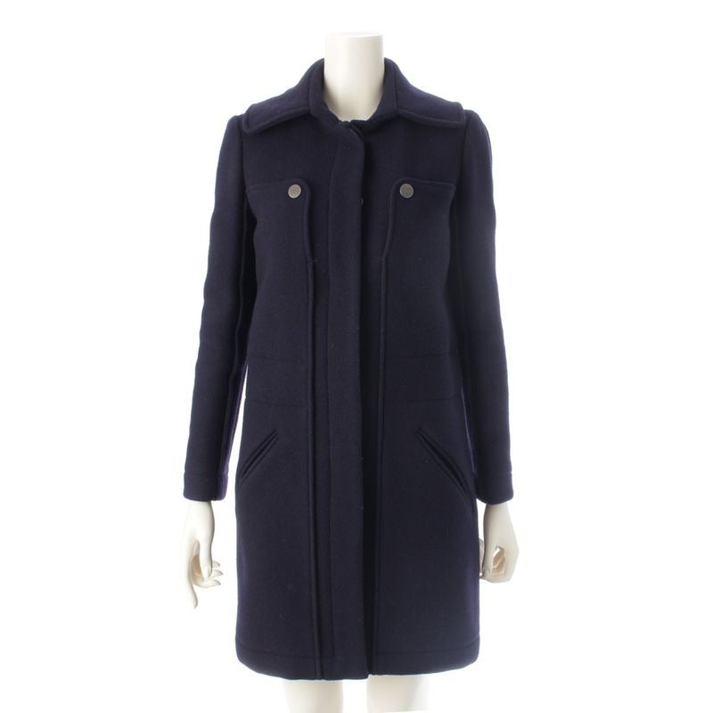 Chanel Wool Angora Coco Mark Long Stainless Steel Collar Coat Navy 34