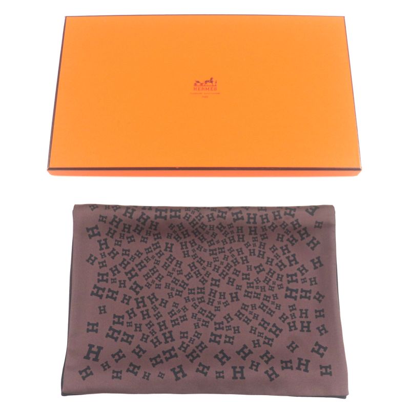 Hermes 100% Silk Logo All Over Reversible Scarf Scarf Brown Black With Box