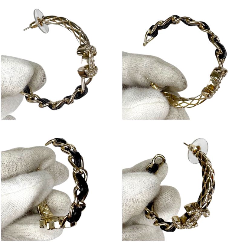 Chanel Hoop Earrings Rhinestone Materasse Coco Chain Leather Lambskin Black