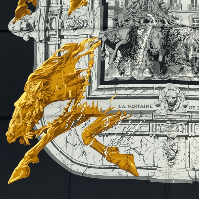 Hermes Scarf Silk Carre 90 Bartholdi Fountain Black And Gold
