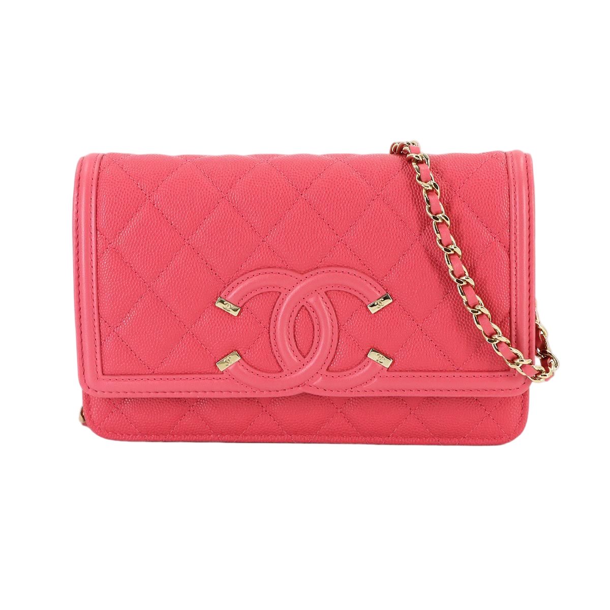 Chanel CC Filigree Chain Wallet Caviar Leather Pink Gold