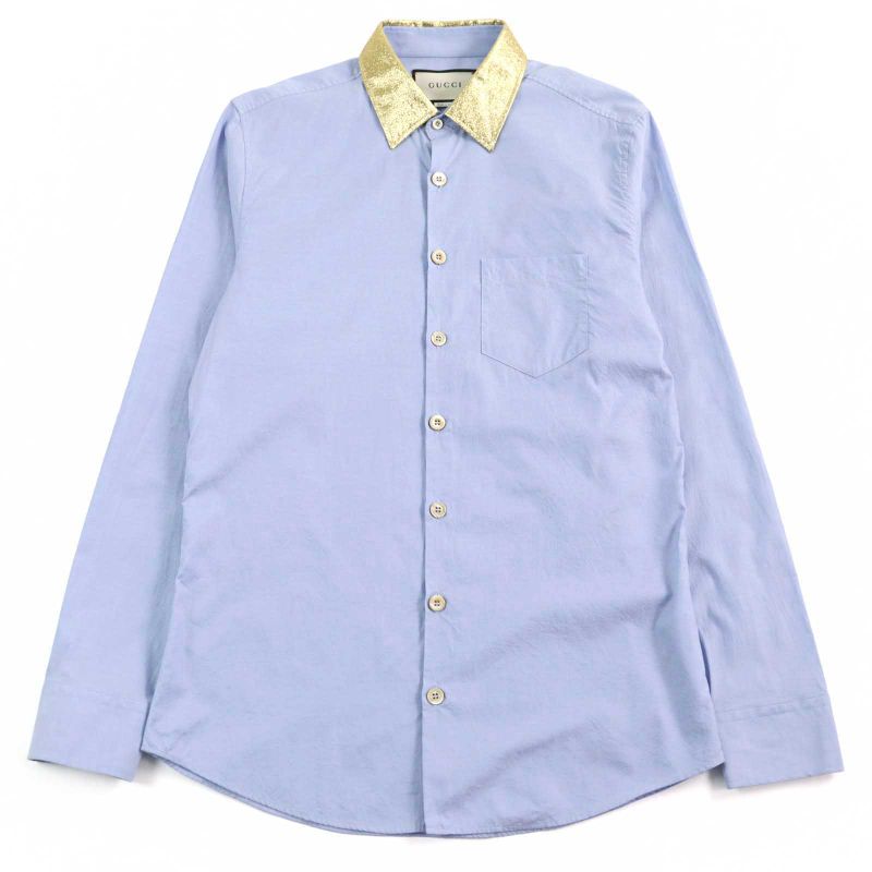 Gucci 521946 100% Cotton Logo Button Collar Silk Long Sleeves Blue Gold 41/16