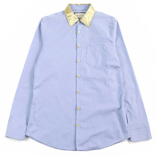 Gucci 521946 100% Cotton Logo Button Collar Silk Long Sleeves Blue Gold 41/16