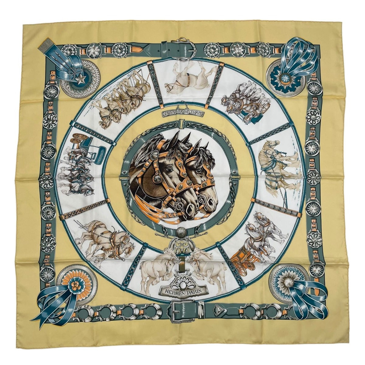 Hermes Scarf Silk Carre 90 Chevaux de Trait Yellow