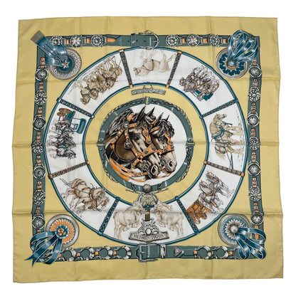 Hermes Scarf Silk Carre 90 Chevaux de Trait Yellow