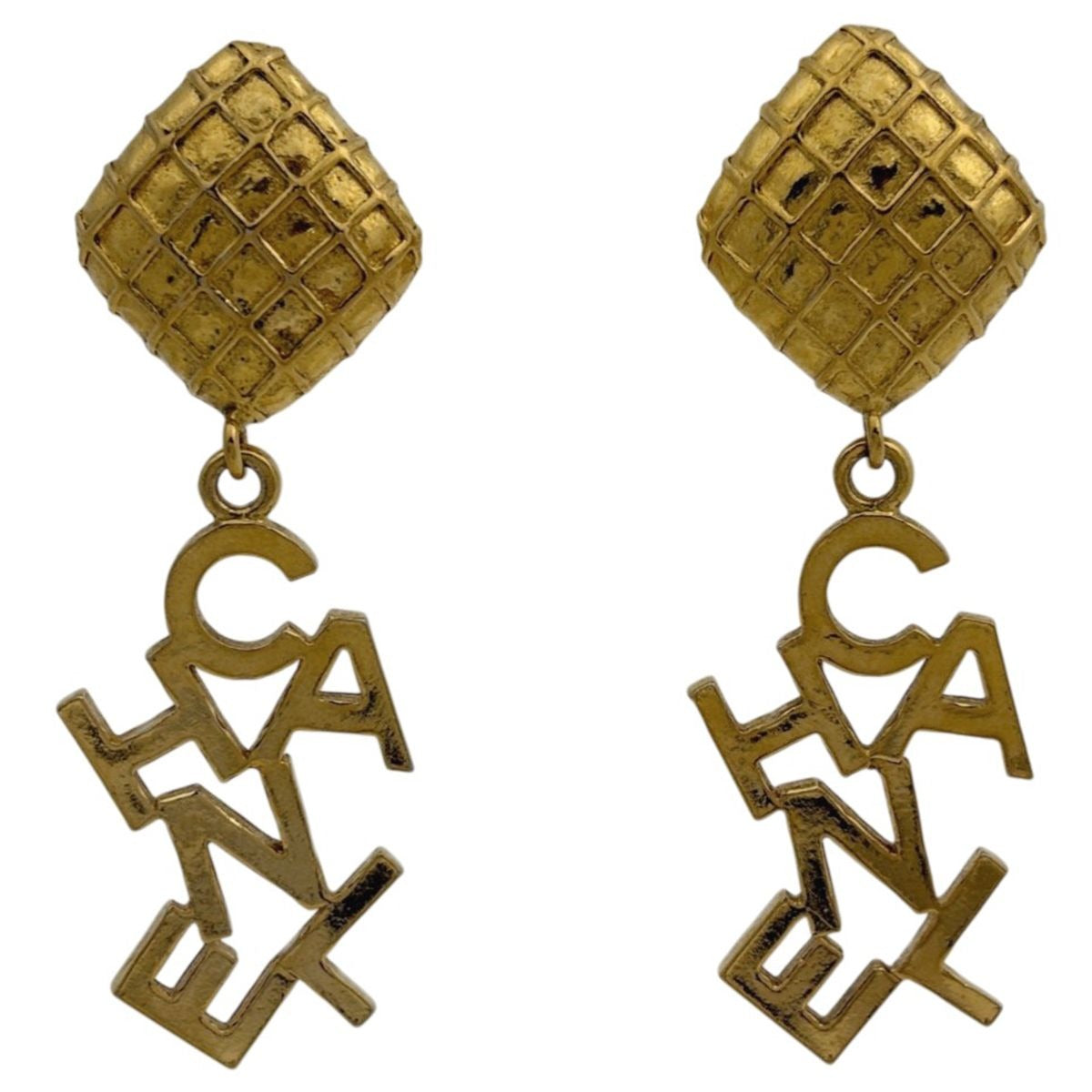 Chanel Logo Earrings Quilted Swing Large Gold Plated