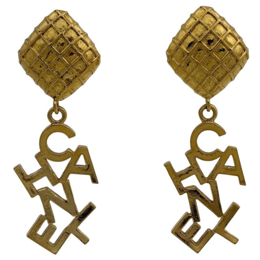Chanel Logo Earrings Quilted Swing Large Gold Plated