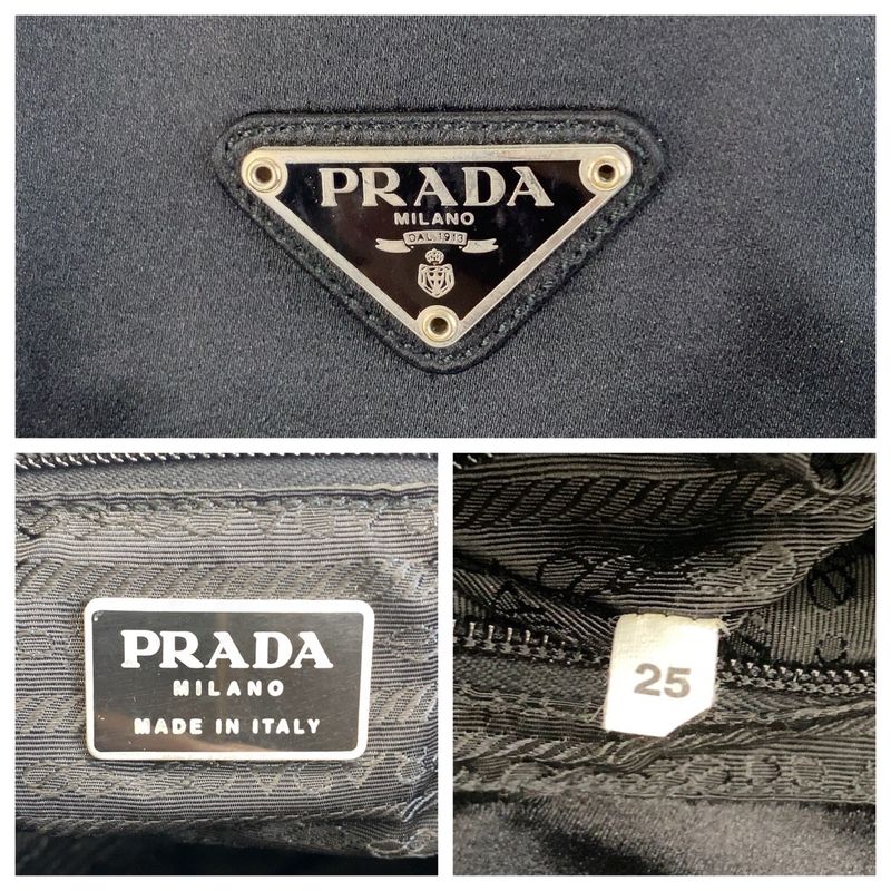 Prada Triangle Logo Plate Black Silver Hardware Satin Tote Bag Women 505390