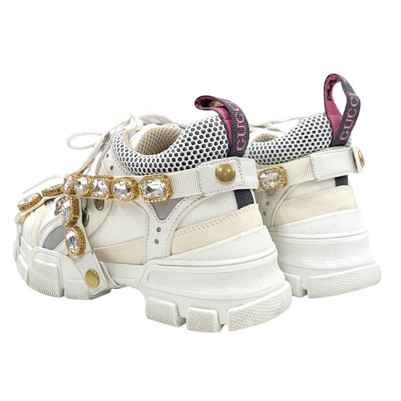 Gucci Flashtrek Sneakers Shoes Leather Fabric White Beige White Gold Logo Bijou