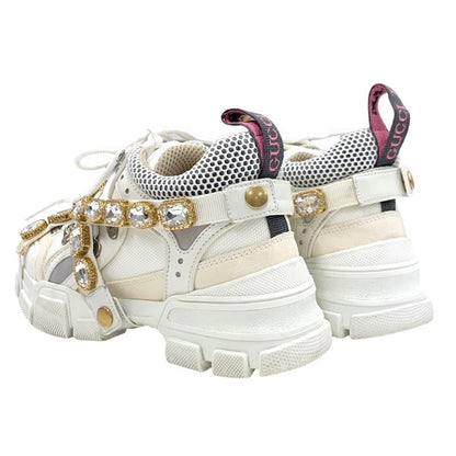 Gucci Flashtrek Sneakers Shoes Leather Fabric White Beige White Gold Logo Bijou