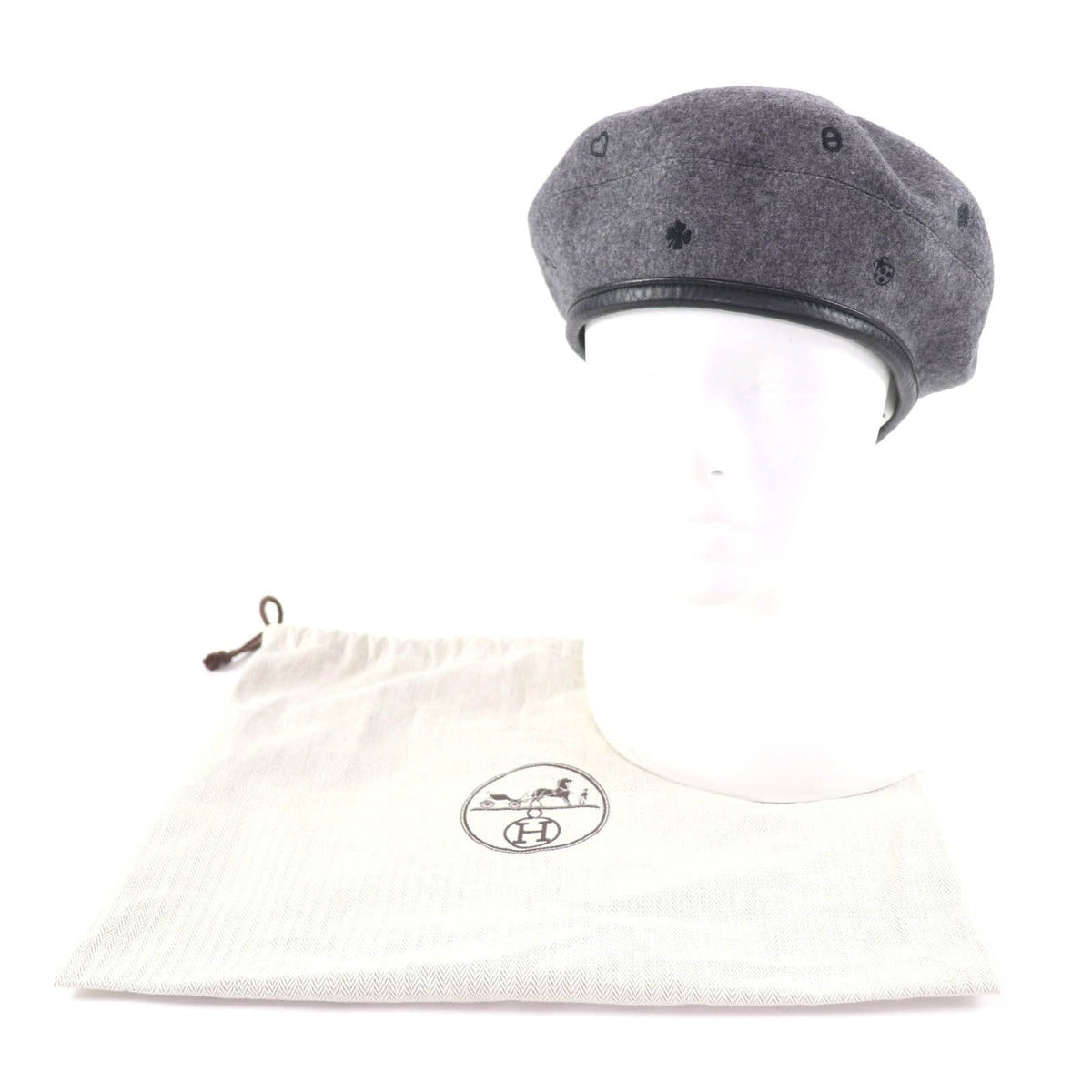 Hermes Cashmere Saint Honore Charm Leather Beret Gray 58 Handbag — view 2